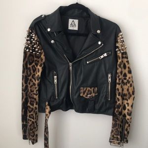 UNIF leopard sleeve faux leather moto jacket
